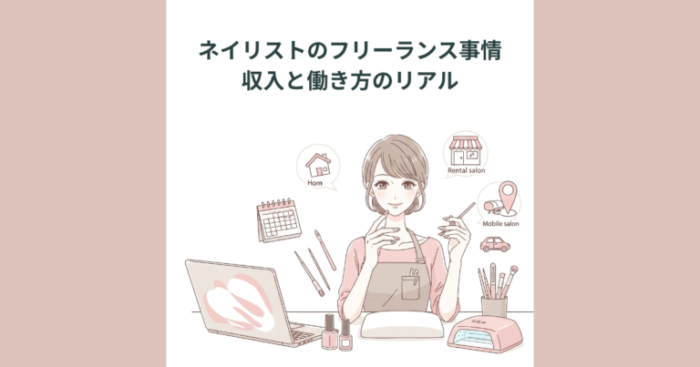 フリーランスネイリストの収入や働き方の実情を解説するイラスト。自宅サロン・レンタルサロン・出張ネイルなど多様な働き方が描かれている